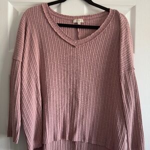 La Miel Ribbed V-Neck Sweater Dusty Rose High Low Hem Raw Edge S